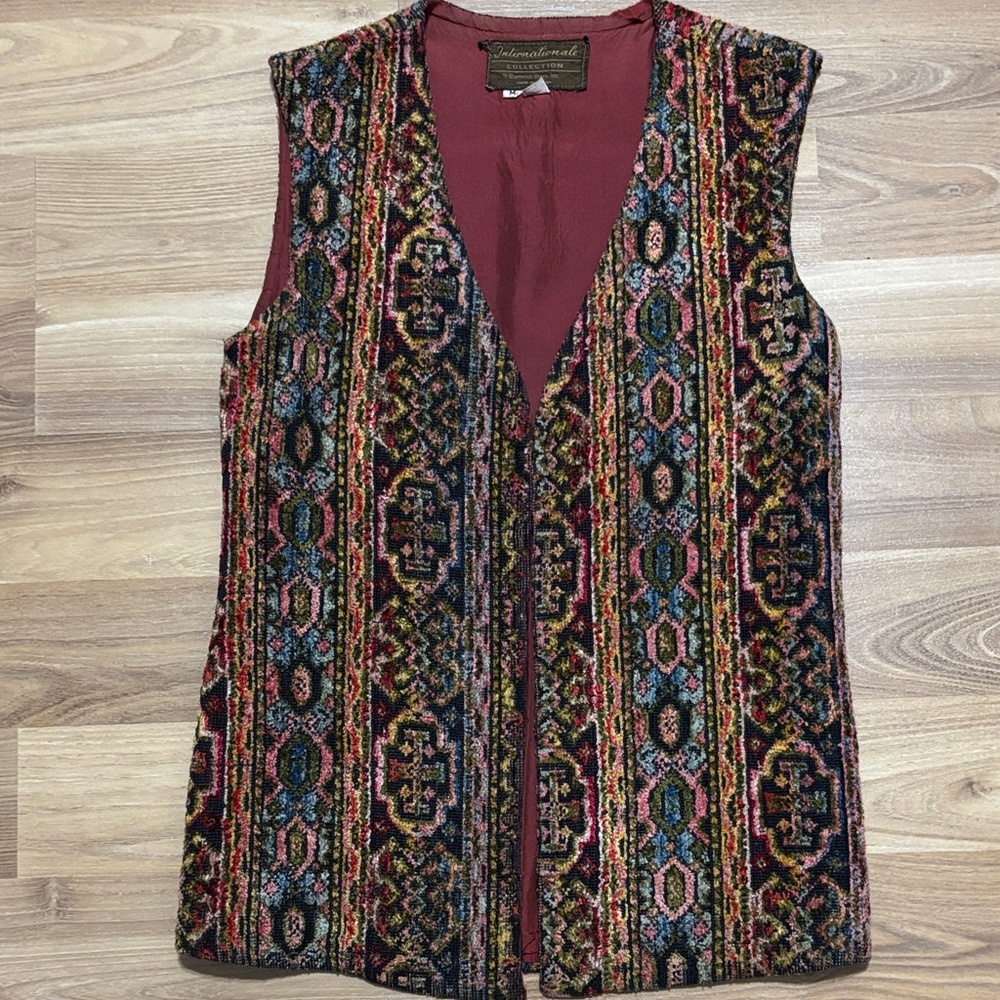 Vintage Multicolor Carpet Tapestry Long Vest with Burgundy Lining